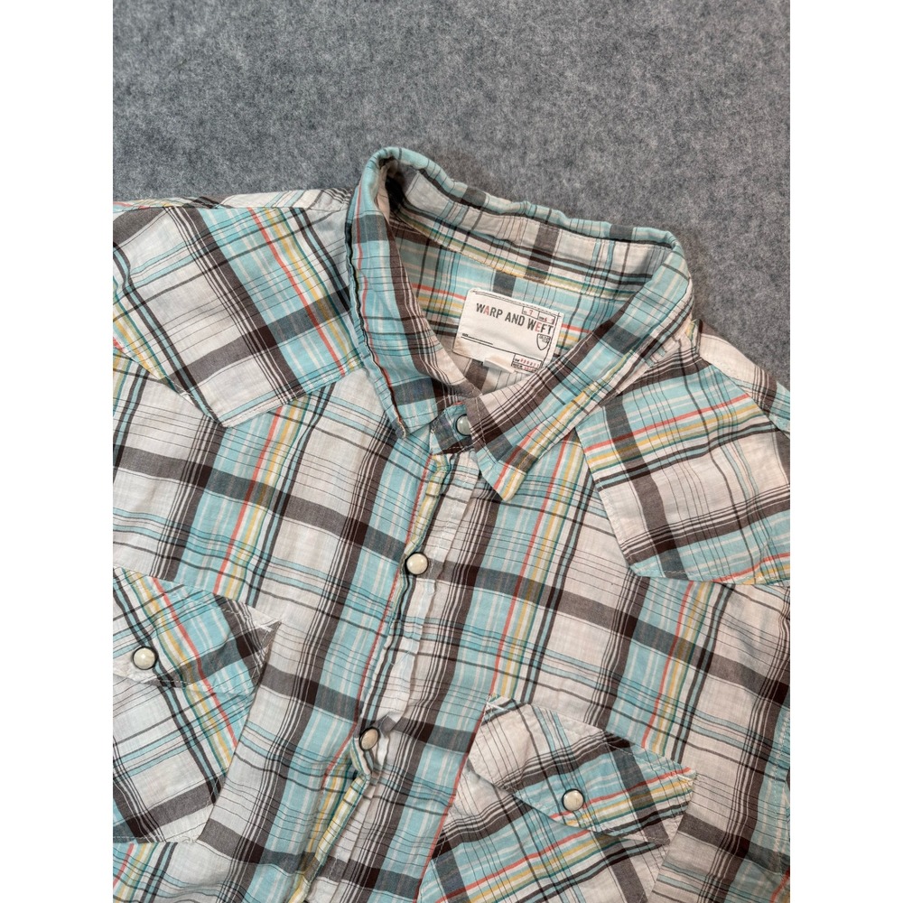 Warp and Weft Mens Blue Plaid Pearl Snap Western Shirt Long Sleeve Large